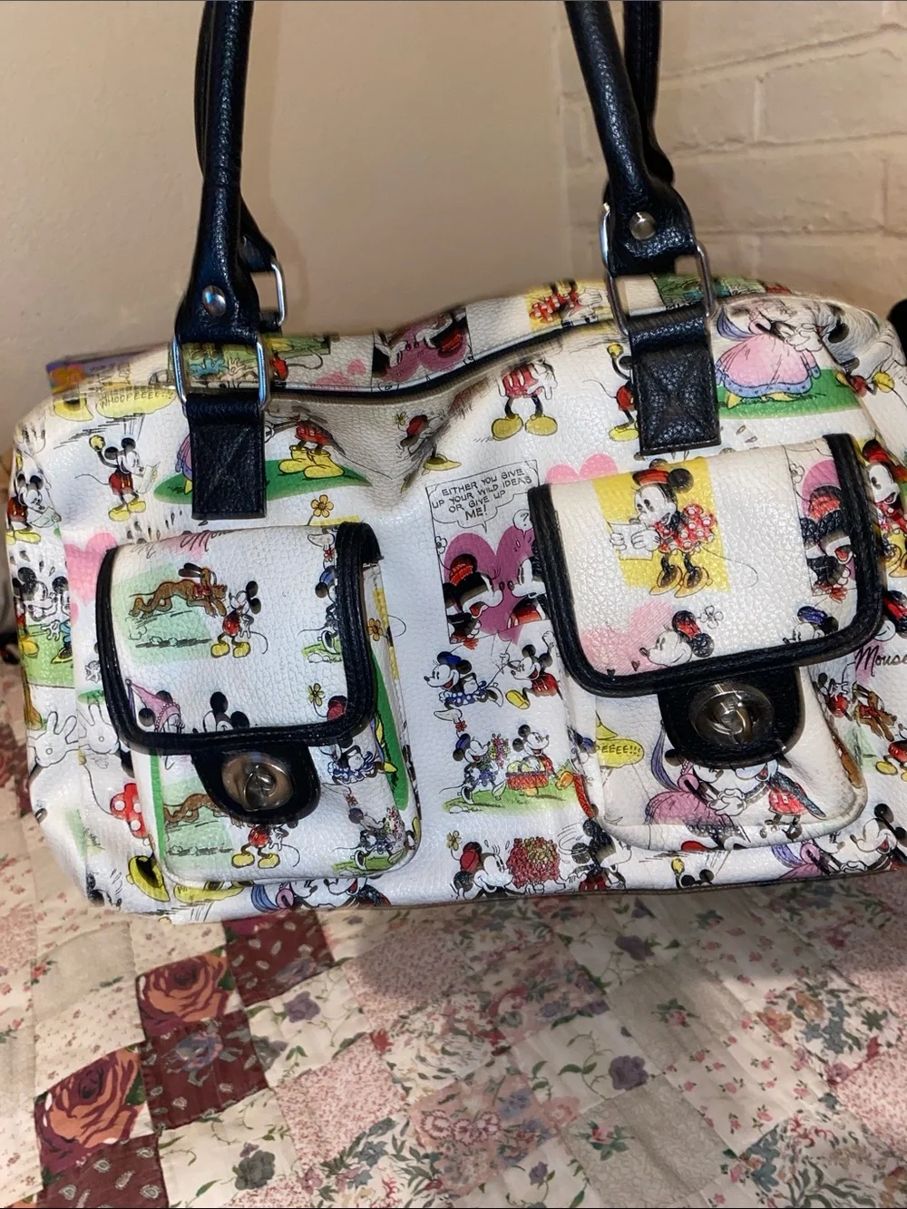 Disney White Satchel Handbag with Black Trim and Colorful Cartoon Print